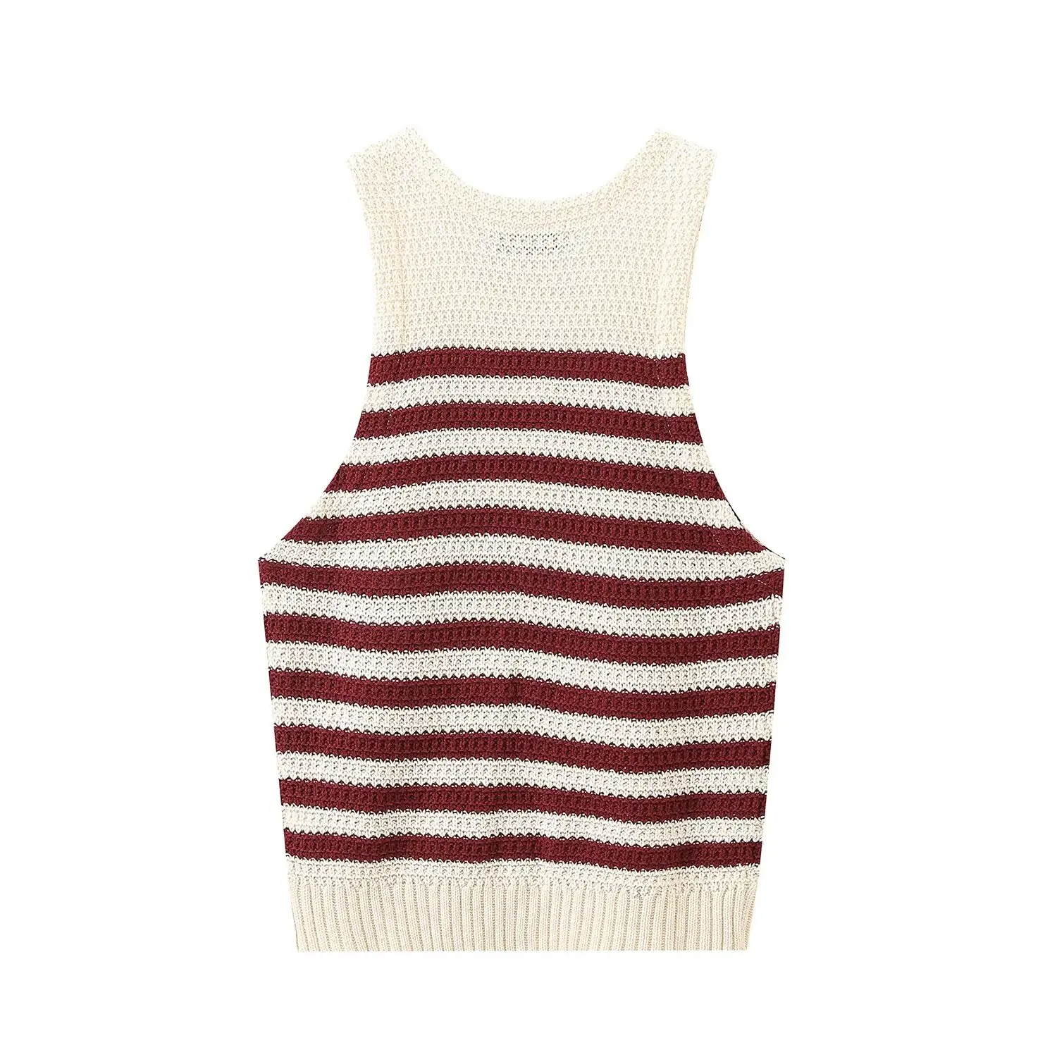 TRAF Women Fashion Stripe Gold Button Pullover Round Neck Knitted Sweater Vest Sweet Korean Clothing Chic Ladies Tops 6771/044