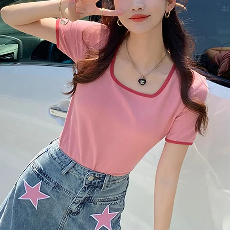 Sweet Girls Rib Cotton Striped Tops Chic Summer New U Neck Striped T-shirts Slim Elastic Casual Tees Fashion Women Streetwear
