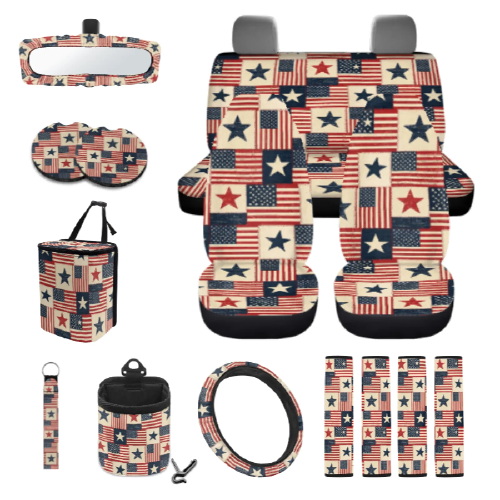Coloranimal Collage 15 PCS with Washable Car Steering Wheel Cover and Auto Seat Belt Pad Cover for Sedan