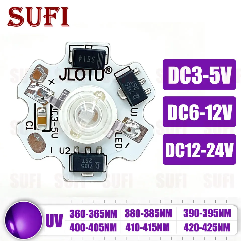 ﻿ 3W Ultraviolet Lamps DC3-5V 6-12V 12-24V Constant Current Driver Power Module UV 360-425nm For Verification Printer Curing