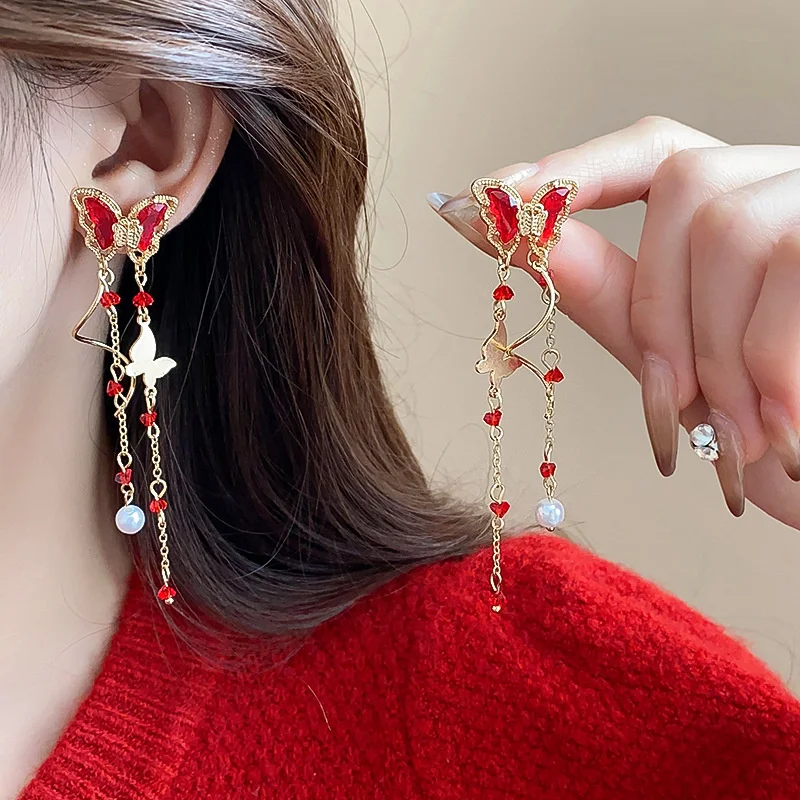 Romantische lila Schmetterling Tropfen Ohrringe für Frauen glänzende Strass Kristall lange Quaste Ohrringe zarte Hochzeit Party Schmuck – Detail 12