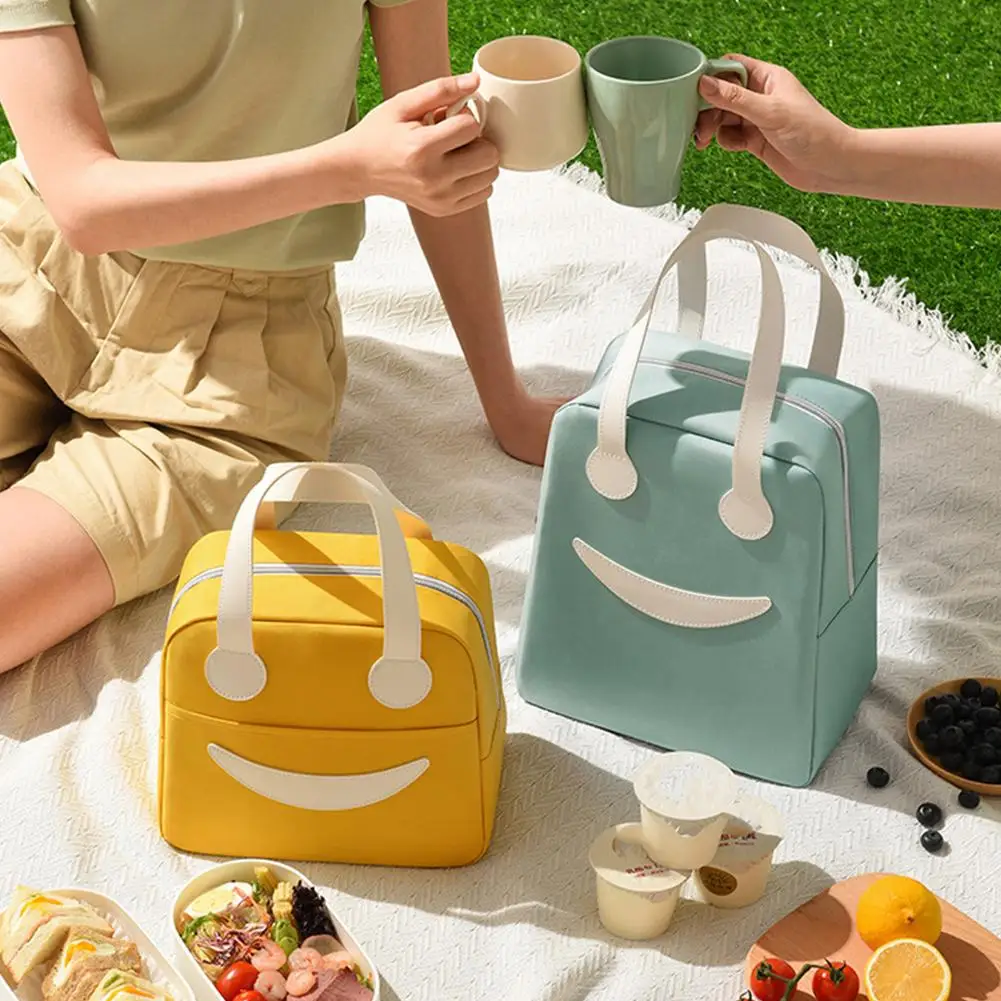 Bolsa de picnic con diseño de sonrisa, bolsa de poliéster con aislamiento de aluminio para el almuerzo, bolsa portátil tipo bento, bolsa aislante para cerveza y mariscos, bolsa aislante para exteriores
