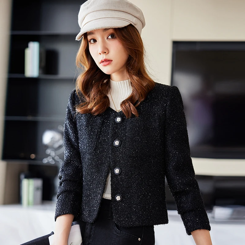 High Quality Luxury Korean 2023 Winter Autumn Women Tweed Jackets Single Breasted Long Sleeve Thick Jackets