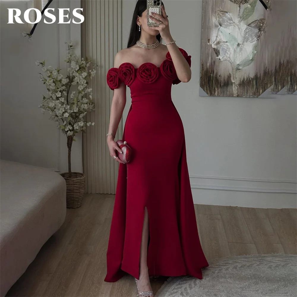 

ROSES Crimson Red Evening Dress with 3D Floral Party Formal Gown for Woman Off the Shoulder robe de bal Zipper Back Customized