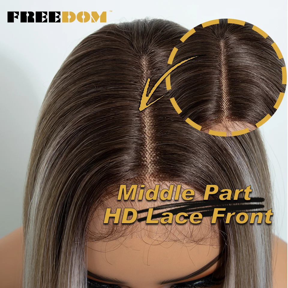 FREEDOM – gerade geschnittene, mehrlagige, synthetische Perücken mit Spitze vorne für Damen, 22 Zoll, mit Mittelscheitel, Ombré-Braun-Blond, ohne Klebstoff, für den täglichen Gebrauch. – Detail 5