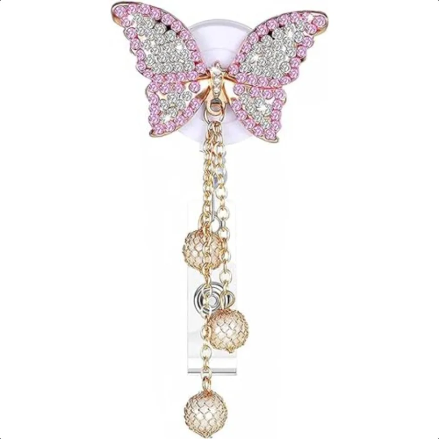 

Crystal Pink Butterfly Rhinestones Retractable Badge Reel Bling Diamond Nurse Badge Holder Reels with Swivel Alligator Clip Bad
