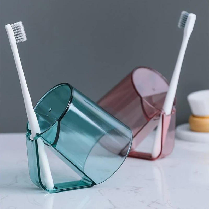 Taza de cepillo de dientes invertida transparente y taza de enjuague bucal, soporte para cepillo de dientes, taza Simple con asa, estantes de almacenamiento para Baño