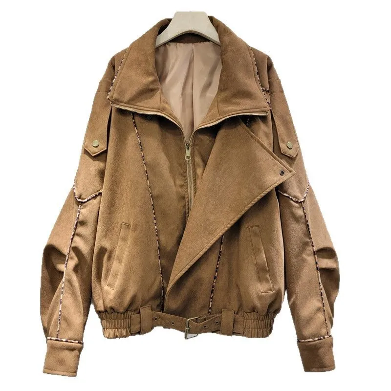 HKSH Spring Autumn New Women Jacket Turn-down Collar Zipper Pockets Elastic Hem Korean Tide Chic Streetwear Stylish Coat HK11975