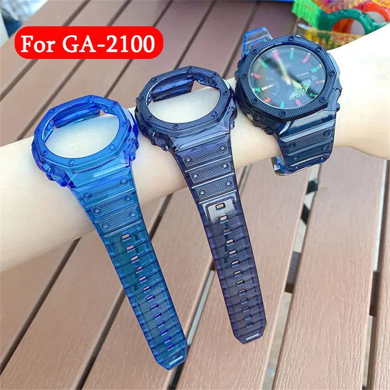 Transparent Resin Case+ Strap For Casio G-SHOCK GA-2100 Bracelet Band 19 Colors Rainbow Bezel/Case Belt Watchband Accessories