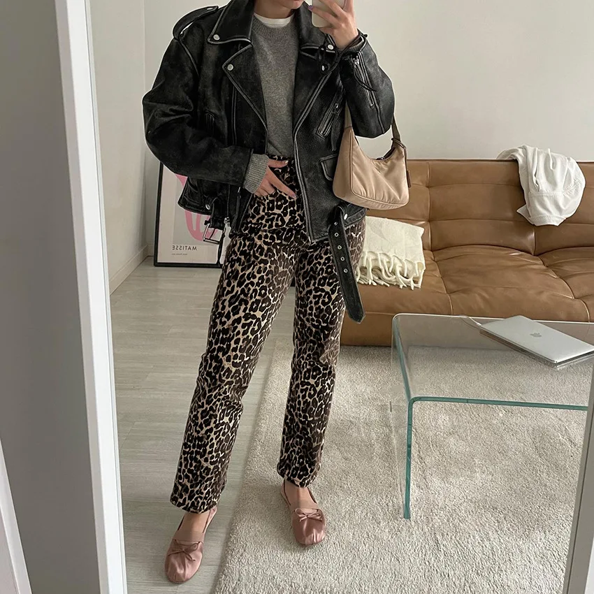 2024 Women Leopard Print Causal Pants 100% Cotton Material High Waist Women Stright Pencil Pants Trousers