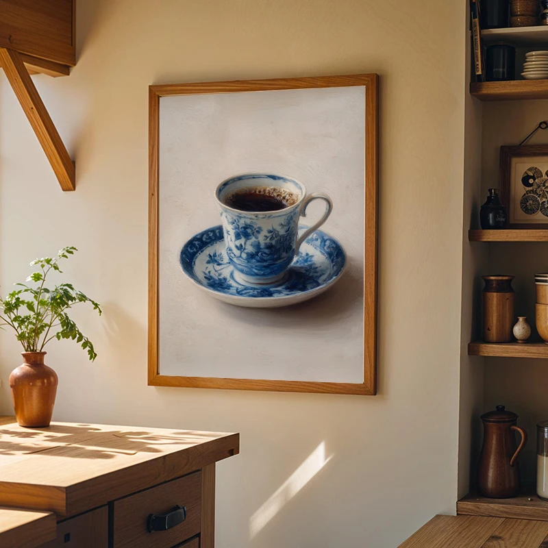 Sage Green Teapot Blue Chinoiserie Stacked Coffee Cup Canvas Painting Poster Print Antique TeaRoom Wall Art Kitchen Home Decor