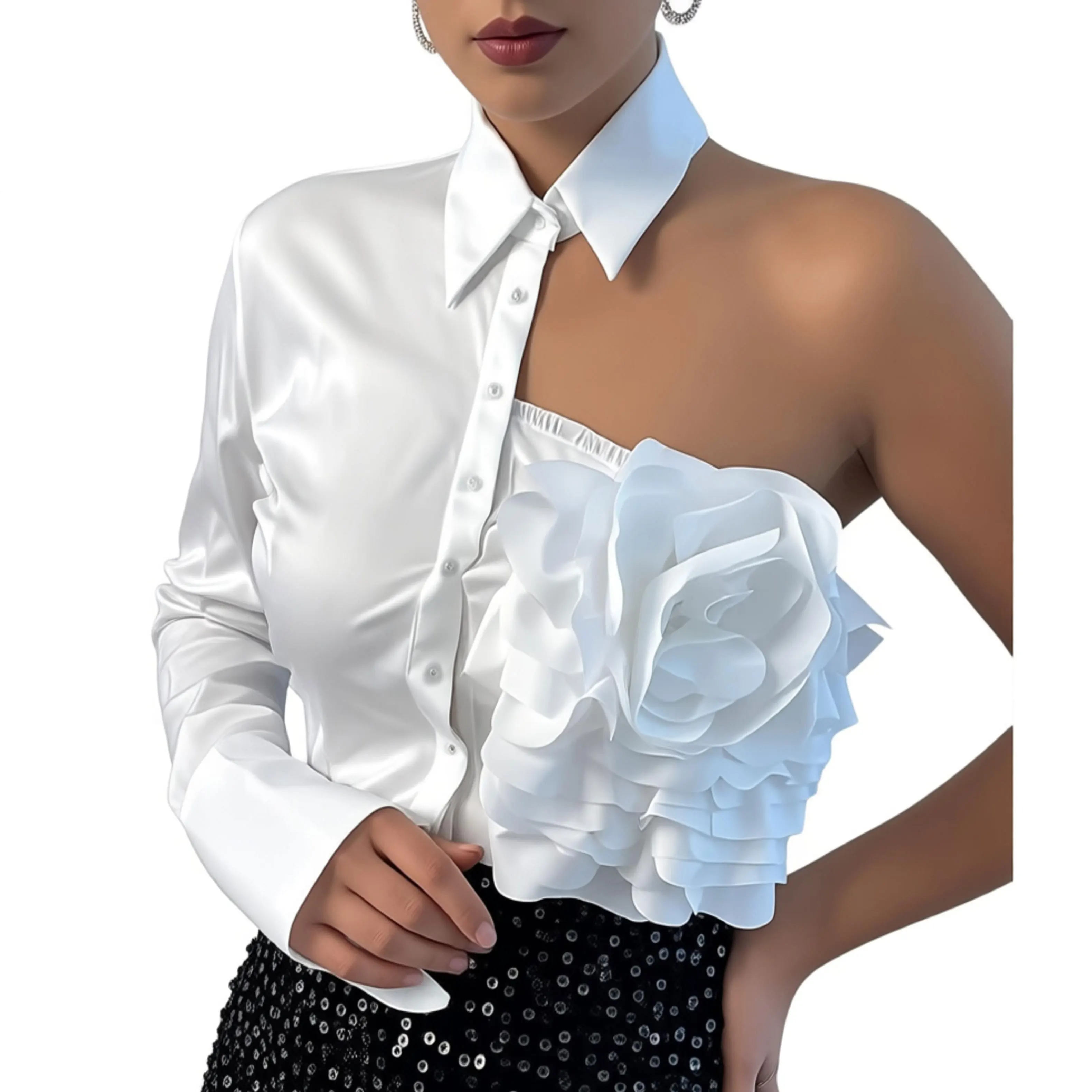 

Французская шикарная блузка для женщин: элегантная белая атласная рубашка с 3D цветочным декором и рюшами, топ с длинным рукавом, для вечеринок
