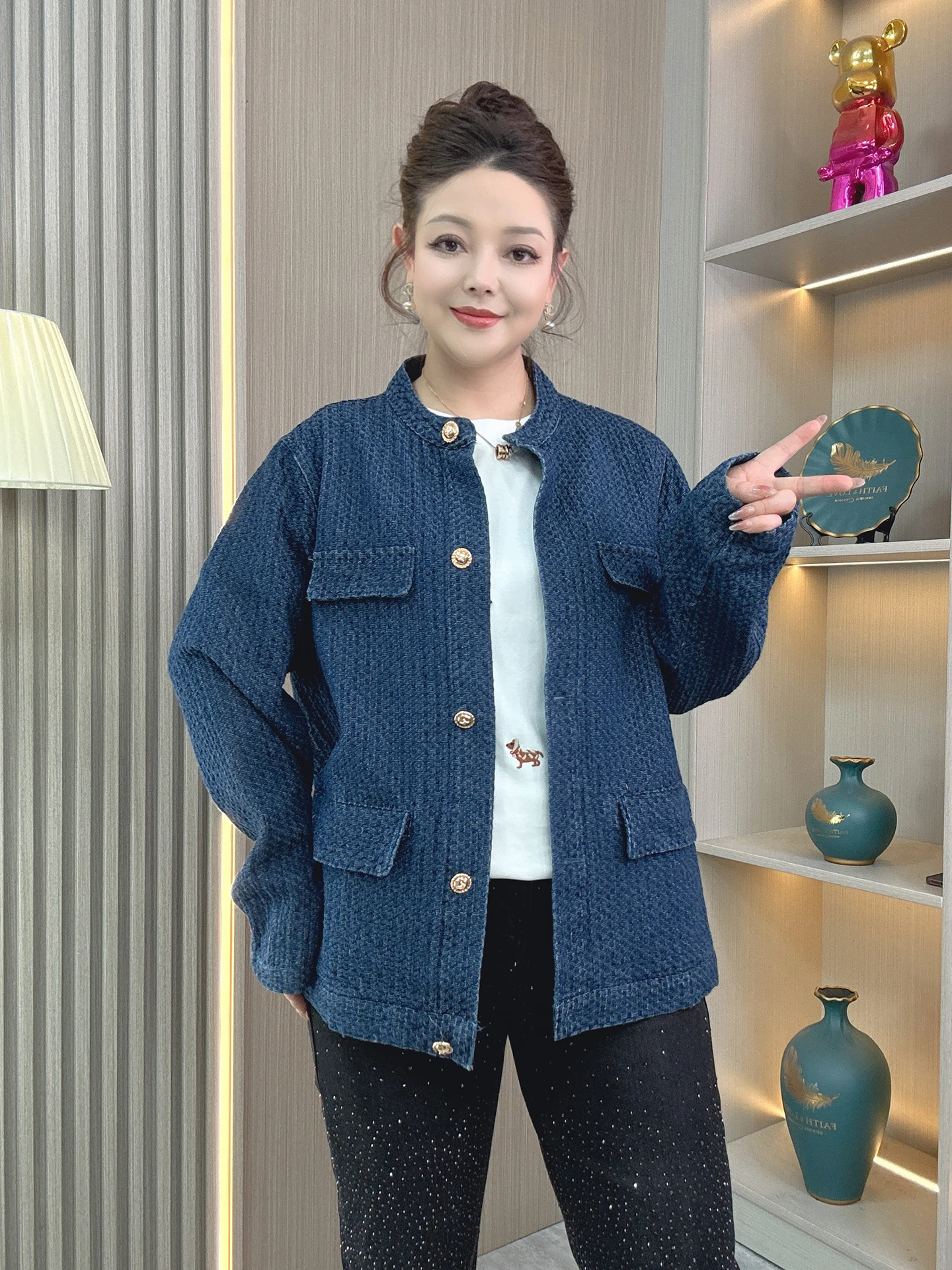

Spring New plus Size Loose Women's Denim Jaet Casual Faionable Outerwear High Waist Long Sve round Ne Single Piece
