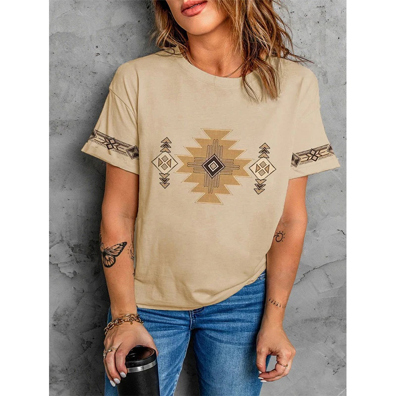 Western Ethnic Style T-shirt Geometry 3D Print Women Streetwear Retro T Shirts Y2k Tops Harajuku Oversized Tees Female Clothing