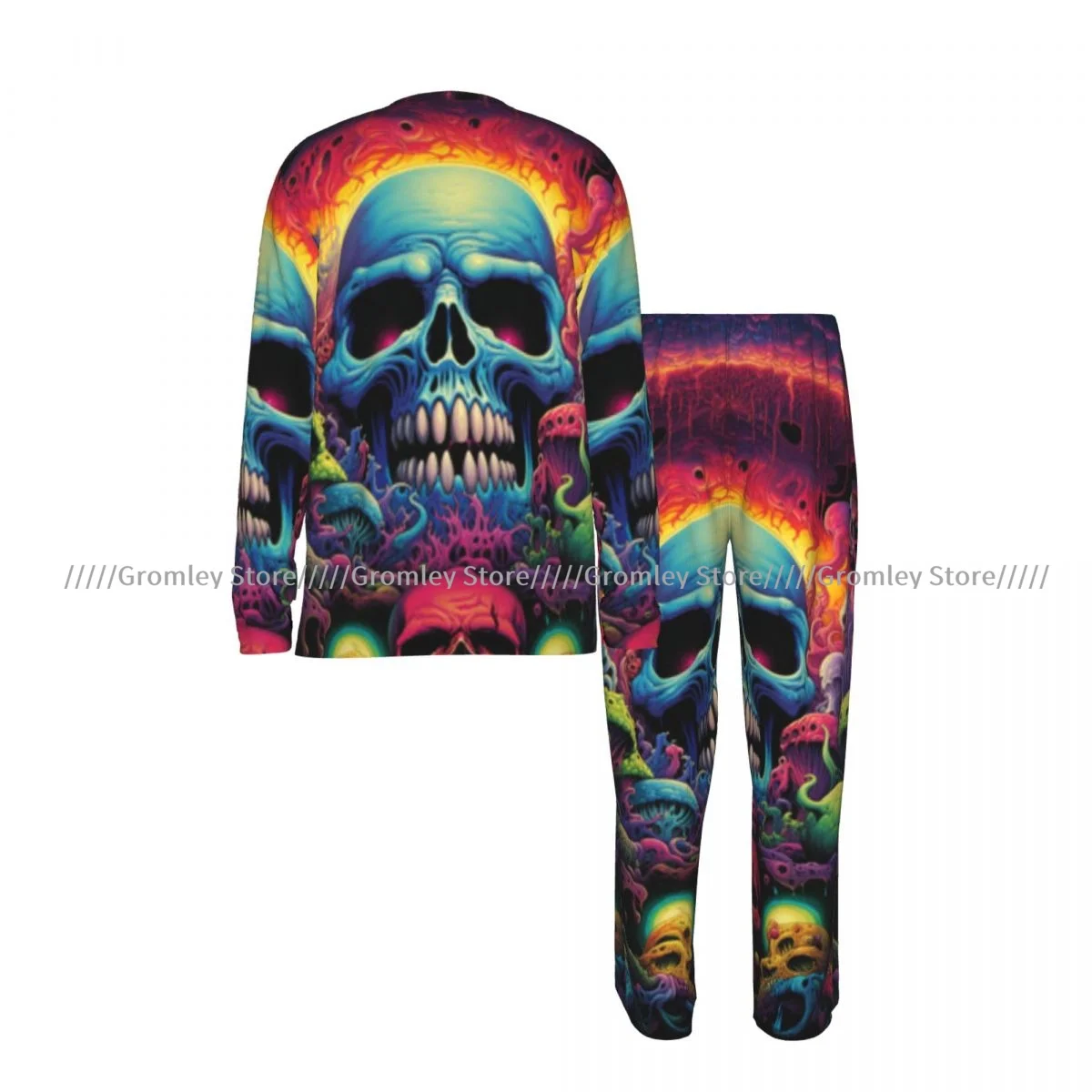 Men's Pajama Set Long Sleeve and Long Pants Human Skull Pattern Soft Sleepwear for Home