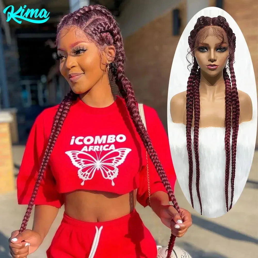 Synthetic Lace Cornrow Box Braids Wig Braided Wigs Burgundy Hair Wig For Black Women American African Wig