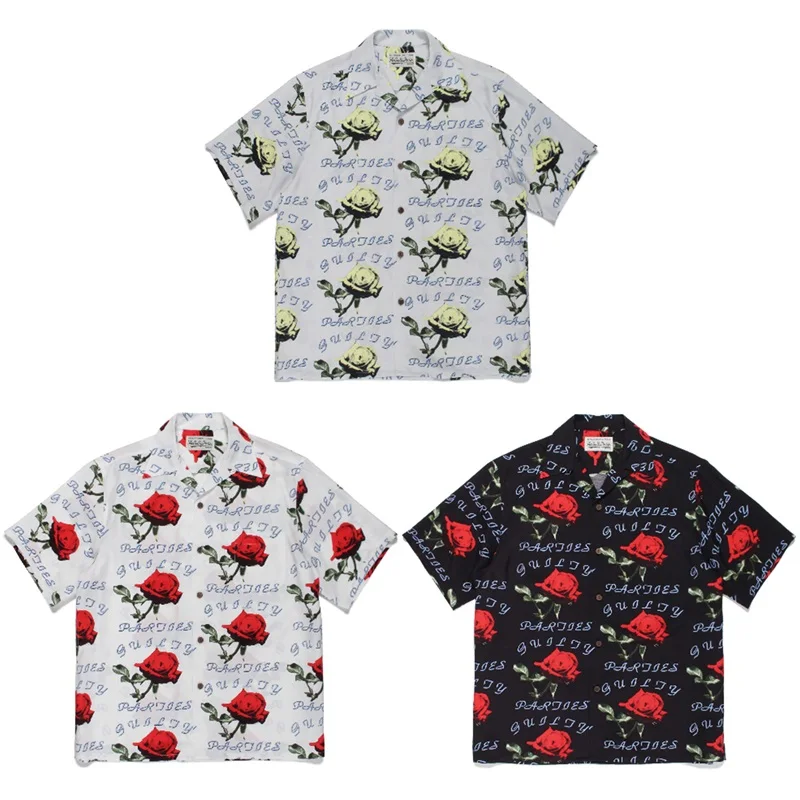 

Pdmcms Rose Aloha Full Print White Rose Hawaiian Casual Synthetic Silk Short Sleeved Shirt For Men