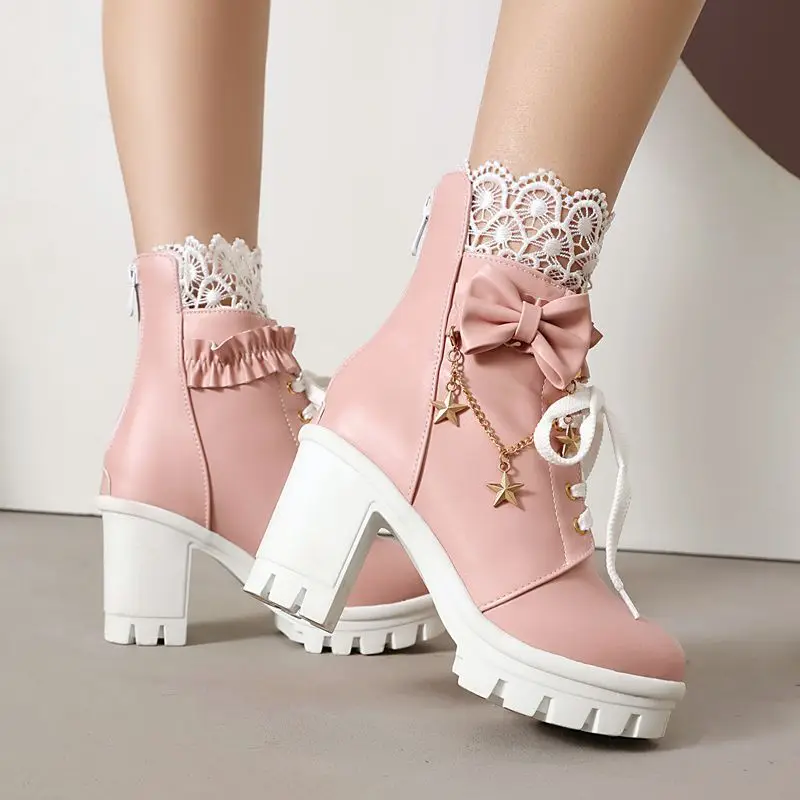 REAVE CAT Blue Women Ankle Boots Round Toe 9.5cm High Heels 3cm Platform Zipper Lace Up Bowknot Plus Size 43 44 Sweet Booties