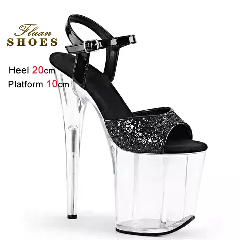 

20cm 8Inches Sexy Transparent Platform Stripper Shoes Woman Open Toe Ultra Thin High Heels Sequin Sandals Pole Dancing Heels