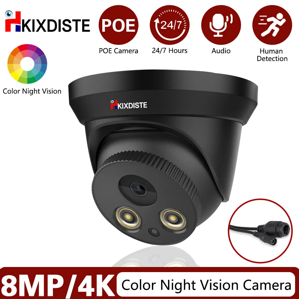 8MP HIK Compatible Black Dome IP Camera PoE IR Colorful Night Vision 4K CCTV Security Audio Camera Plug&Play With 10CH POE NVR