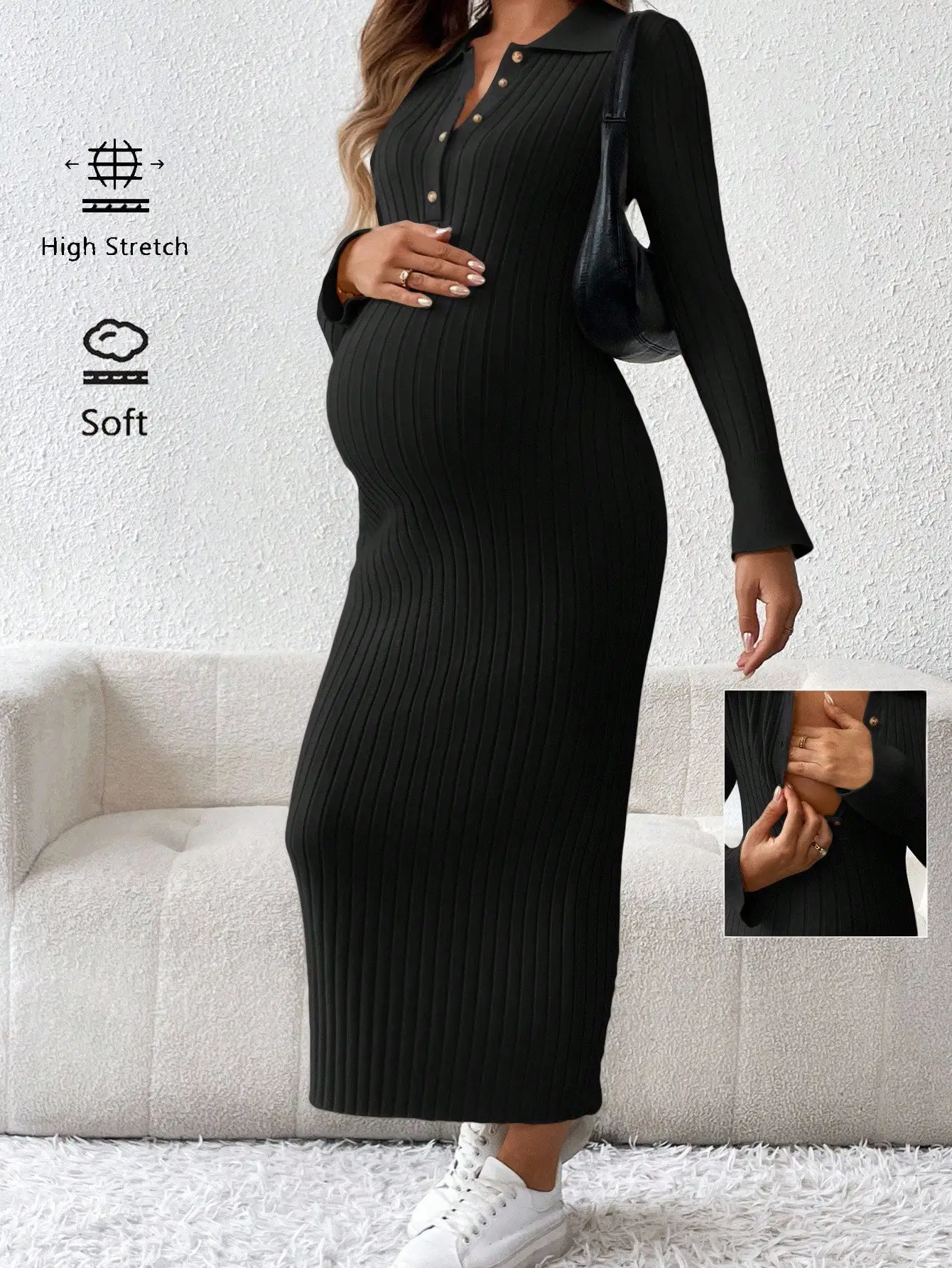 

Трикотажное платье для беременных с длинными рукавами и пуговицами спереди, мягкое и эластичное, для зимы