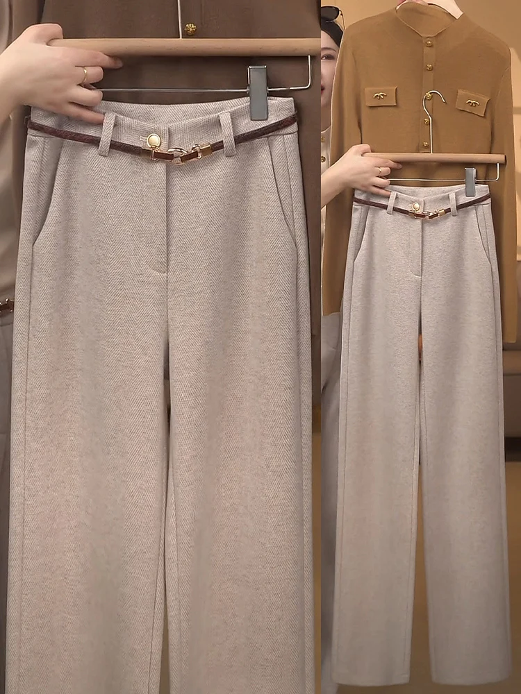 

High Waist Woolen Wide Leg Pants Women's Autumn Winter New Style Slim Fit Drapey Casual Fleece Lined Straight Leg Trousers