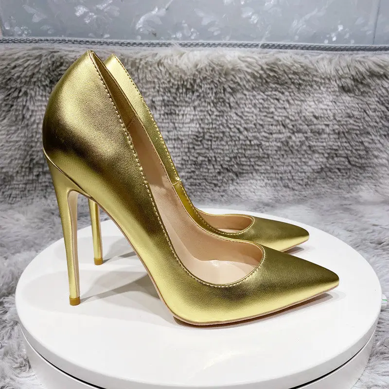 Gold Matte Sheep Pattern Single Shoe Comfortable 34-43 Size Red Sole DE 8-10-12cm Slim Heel Super High Heels Shallow Pointed Toe view 6