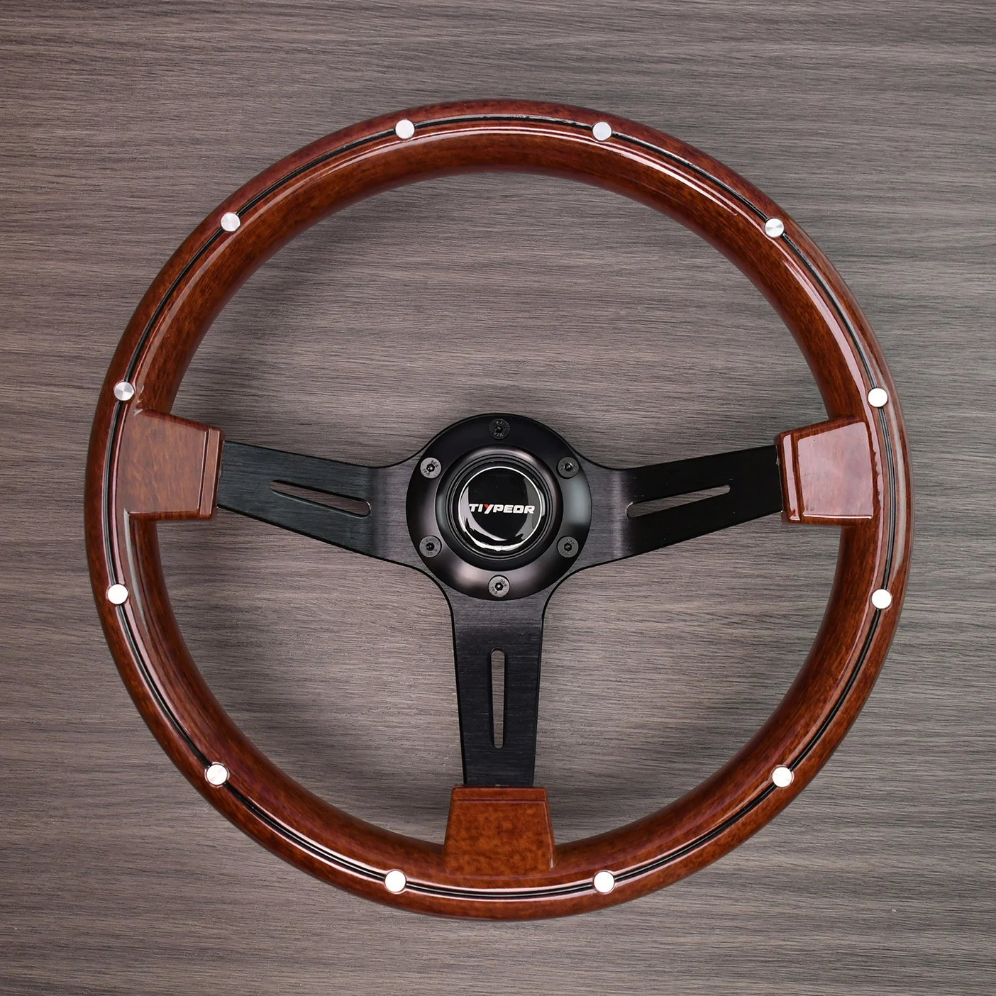 

Tiypeor Universal Classic Retro Microfiber Leather Black Chrome Plated Three Spoke Bracket 14 inch 350mm steering wheel