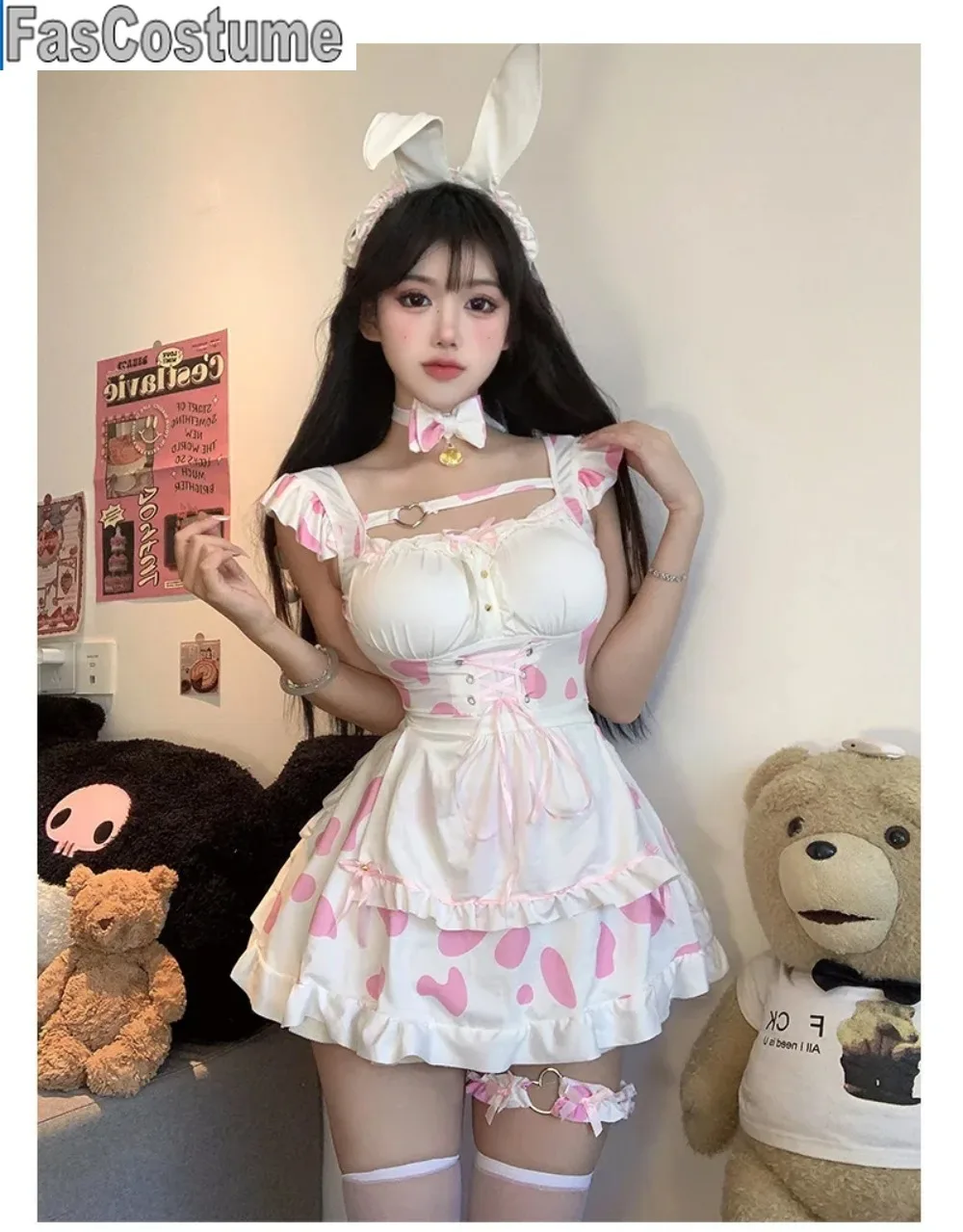 열정 패션 애니메이션 섹시한 란제리 메이드 복장 귀여운 진압 유혹 사랑스러운 대조 색상 드레스와 보우 넥 칼라 KEOH