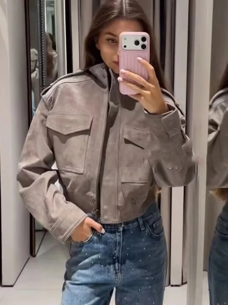 Ladies Cropped Cargo Autumn Winter Jacket Women Coat Stand Collar Strap Epaulet Multi Pockets Ribbed Hem Loose Casual Outerwear
