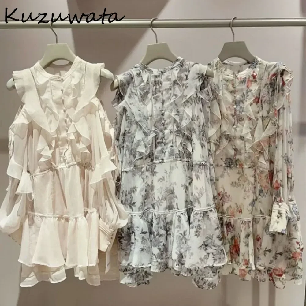 Kuzuwata New Print O Neck Long Sleeve Ruffles Mujer Women Off Shoulder Lace Up Sweet Dress Japan Small Fellow French Style Robe