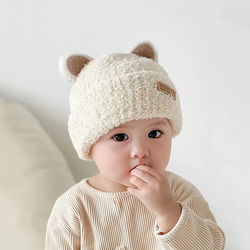 Cartoon Baby Plush Beanie Cap Autumn Winter Warm Infant Knitted Hat with Ears Cute Solid Kids Boys Girls Ear Protection Bonnet