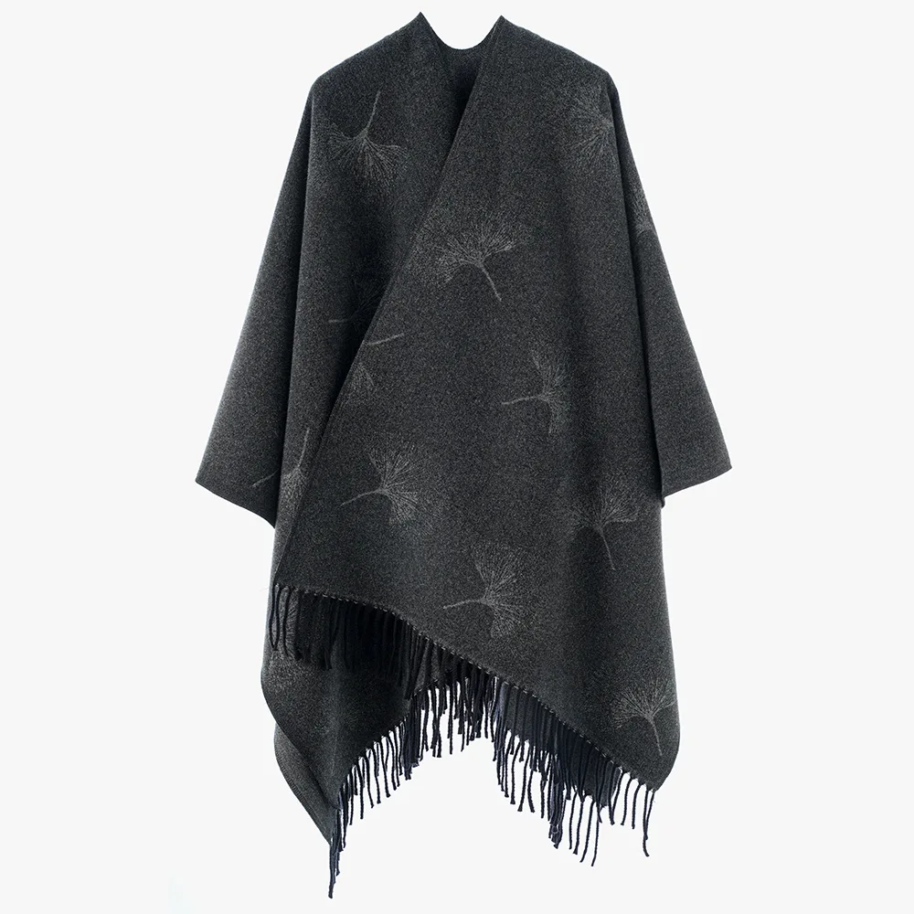Upgrade Soft Comfort Wool Blend Lucky Ginkgo Leaf Poncho Long Cape Coat Unisex Spring Autumn Winter Cloak Blanket Thick Shawl