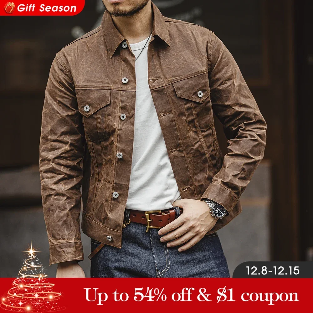 Maden Amekaji Retro Male Oil Waxed Jacket Canvas Cotton Khaki Military Uniform Light Casual Work Safari Style Coats Man Clothing