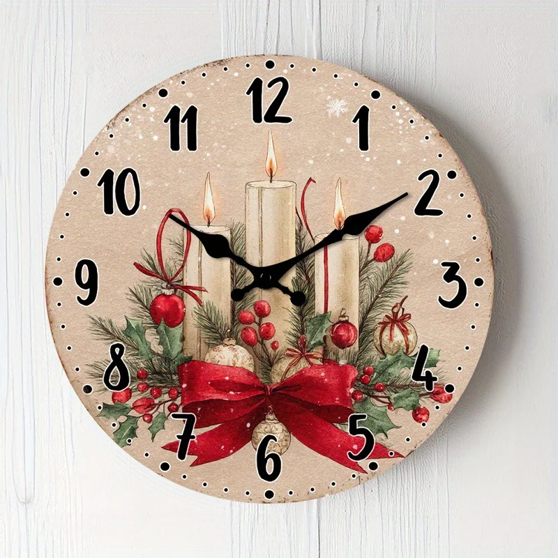 1pc Silent Non-Ticking Wall Clock Christmas Decor with Candle, Holly, Red Berries Snowflakes Beige Background