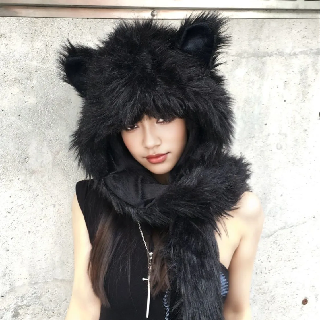 Japanese Style Cute Y2K Fox Fake Fur Plush Bear Hat Scarf Gloves Set, Winter Cozy Animal Ears Cap