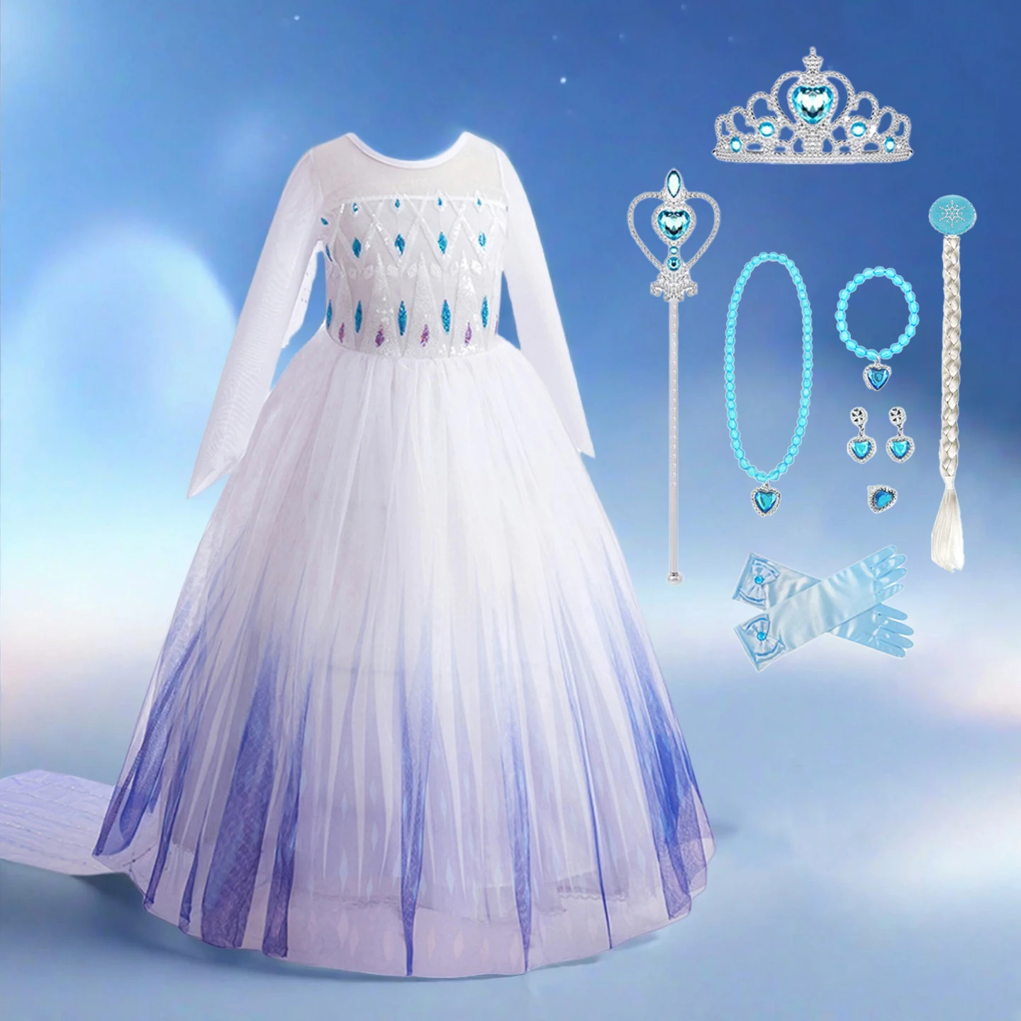 

Girls Elsa Costume Kids Halloween Cosplay White Princess Dress Children Birthday Party Clothes Dress Up