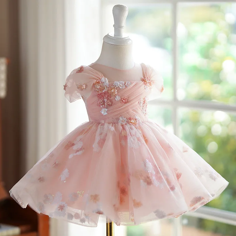 Personalizado o pescoço doce lantejoulas cintura fina flor meninas vestidos de baile princesa vestidos puff manga em camadas crianças aniversário pa