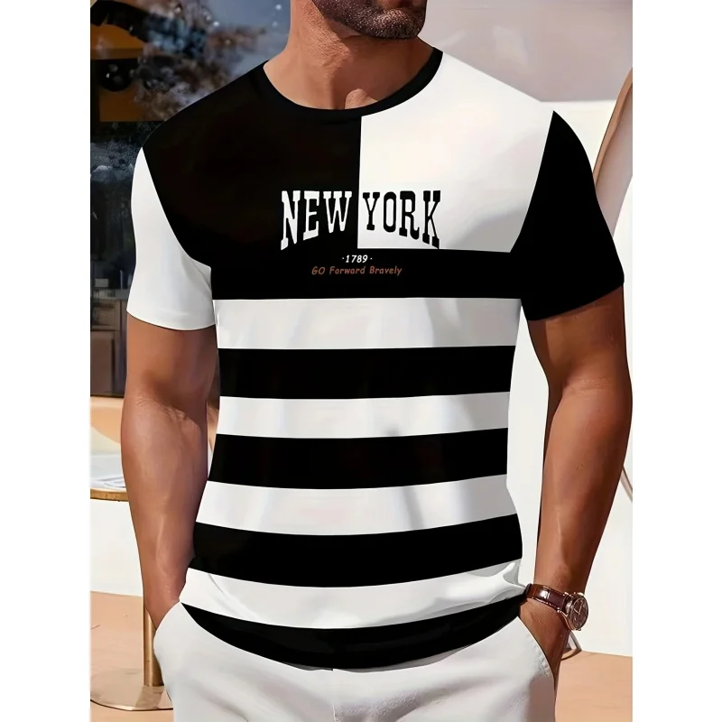 Colorful Stripes Pattern T Shirt For Men Color Block 3D Printed T-Shirts Summer Casual Round Neck Tees Loose Short Sleeve Tops