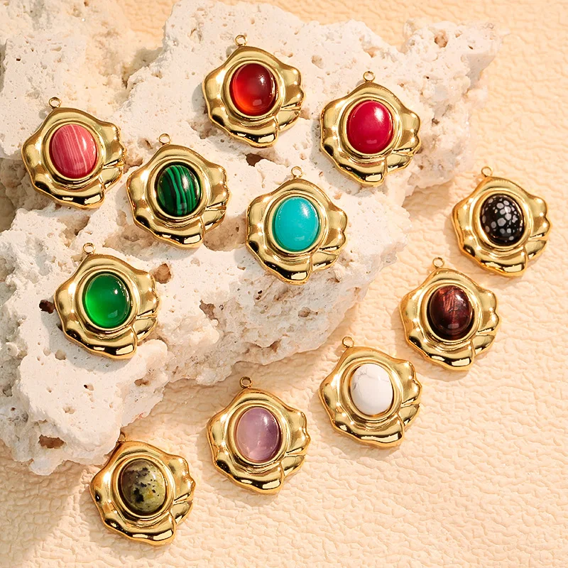 

6pcs/lot Fashion Colorful Gem Stone Irregular Flower Oval 18k Gold Color Stainless Steel Pendant DIY Jewelry Accessories
