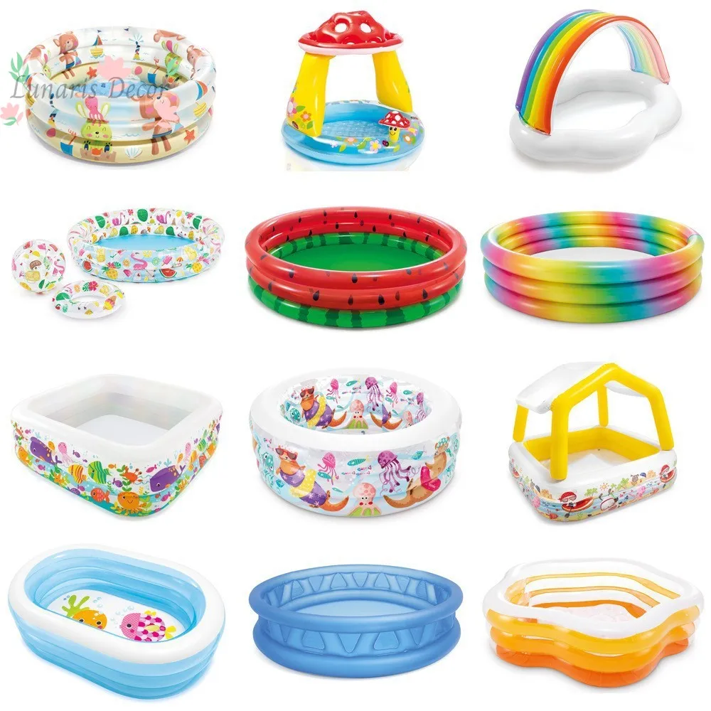 

Multifunctional Inflatable Splash Pool Round Square Water Pool With Sunshade Canopy Rainbow Watermelon Pattern Summer Backyard
