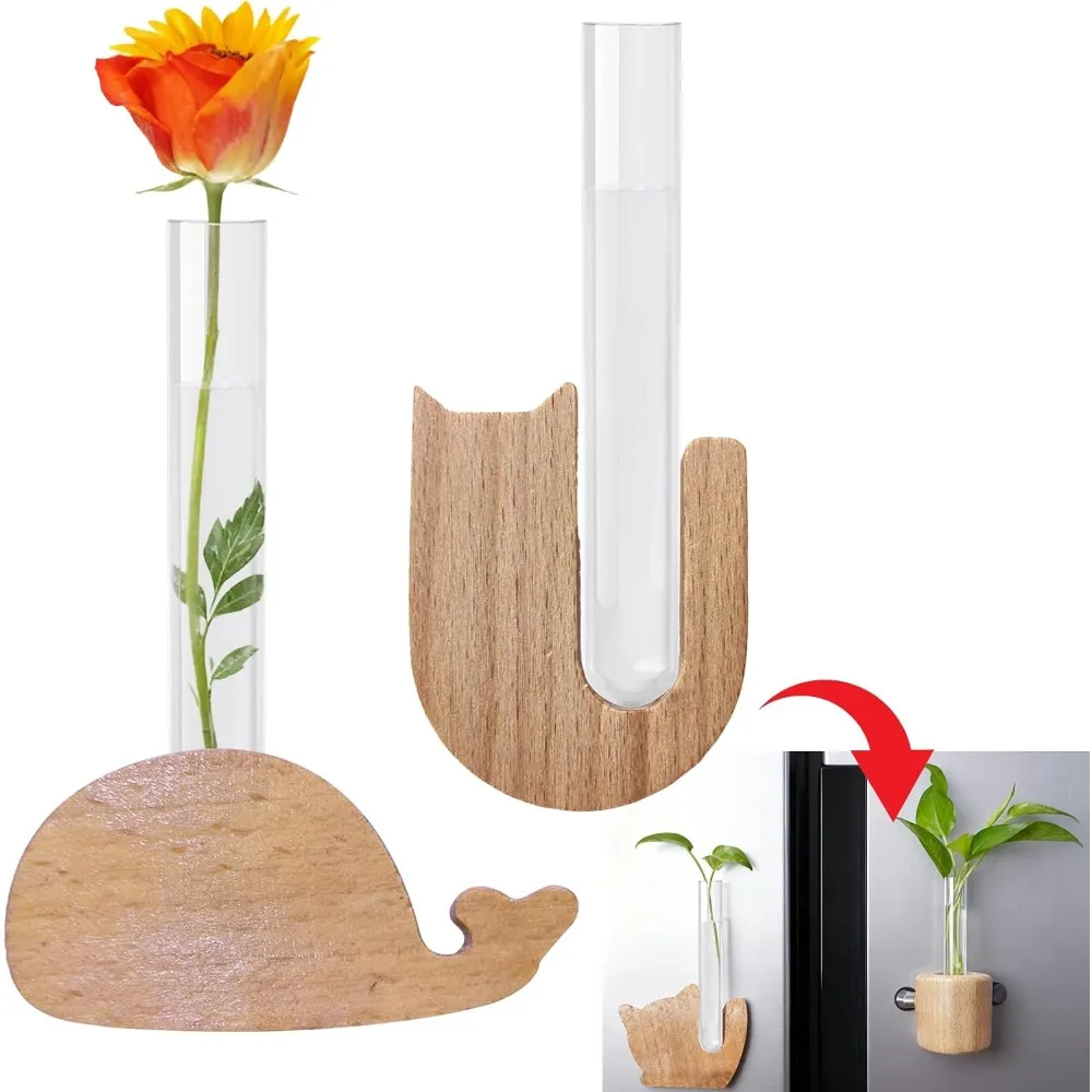 

Magnetic Wooden Vase 2 Pack, Wood Stand Flower Pot, Transparent Tube Vase, Magnetic Fridge Pot, Cat Whisker Memorial Jar (Cat +