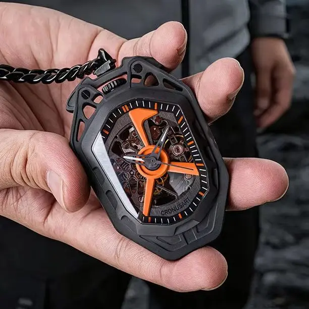 CRONUSART Men Automatic Watch Mechanical Pocket Watches Titanium Case Luminous Sapphire Mirror Skeleton Dial Cuban Link Chain