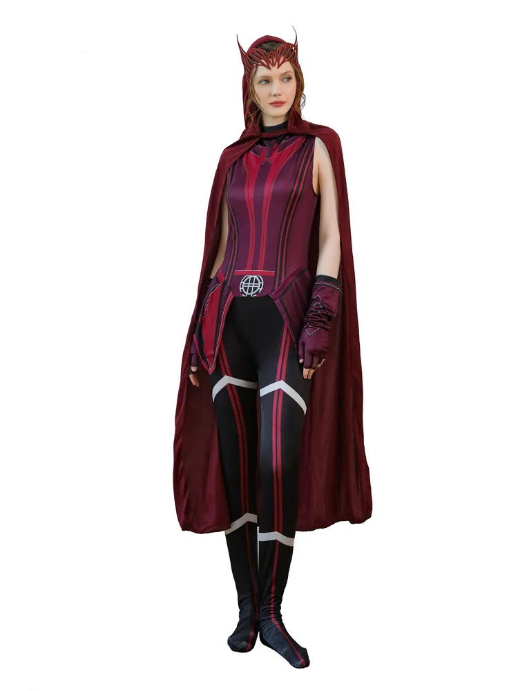 Scarlet Cosplay Witch Maximoff Wanda Vision przebranie na karnawał nakrycia głowy płaszcz i spodnie komplet strój akcesoria na Halloween rekwizyty