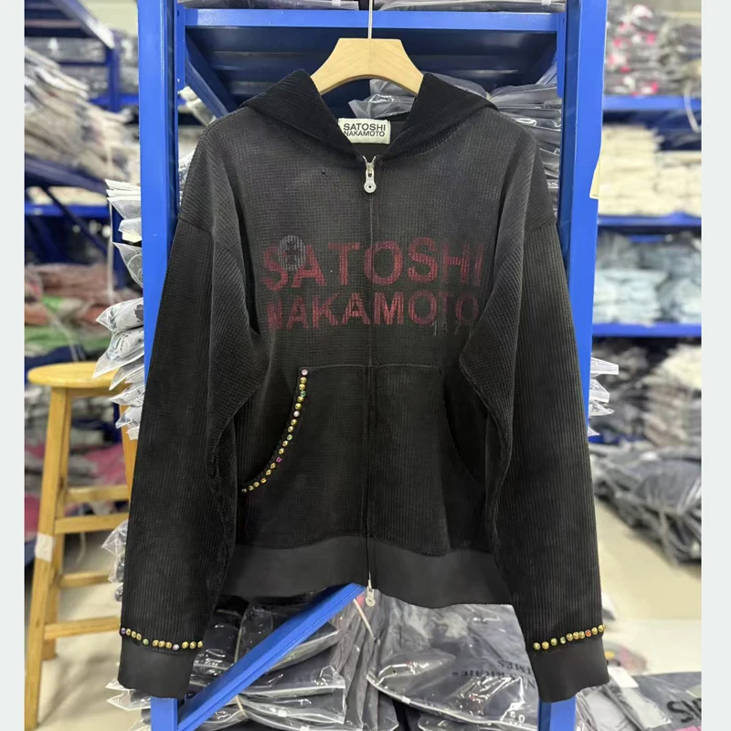 Winter New Style Letter Print Distressed Rivet Washed Retro SATOSHI NAKAMOTO Jacket Coat Stock
