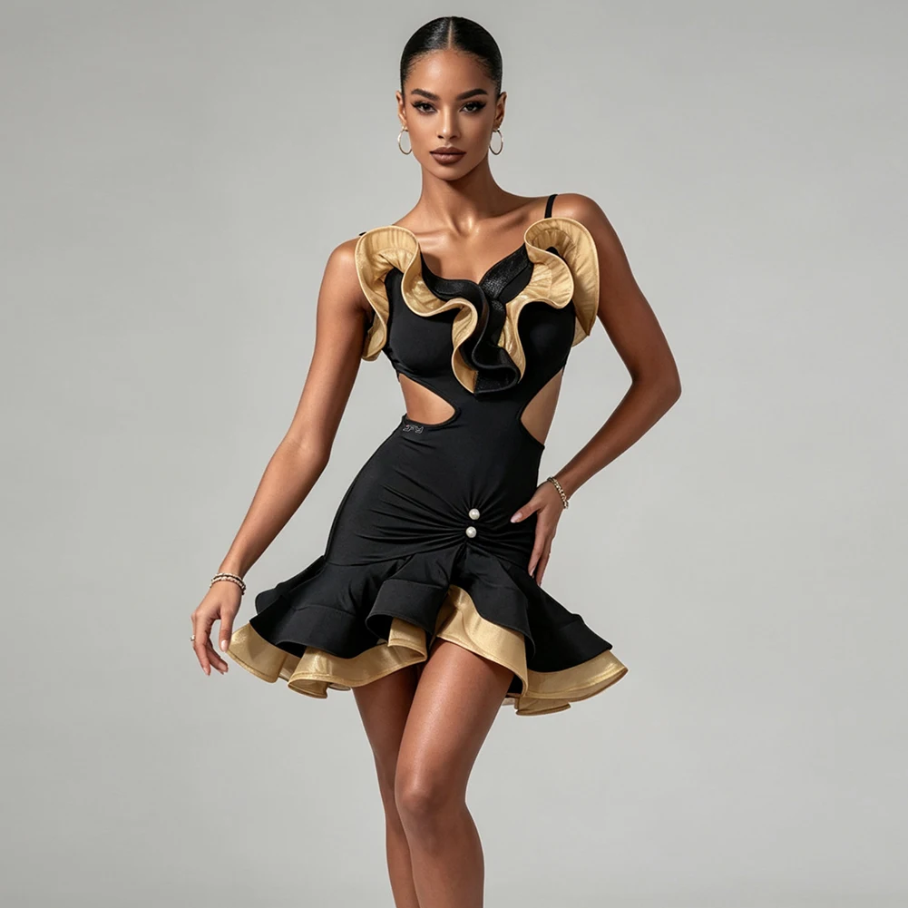 Rumba Latin Dance Competition Black Sexy Dance Suit Sleeveless Fish Bone Ruffled Samba New Sling Performance Dress view 5