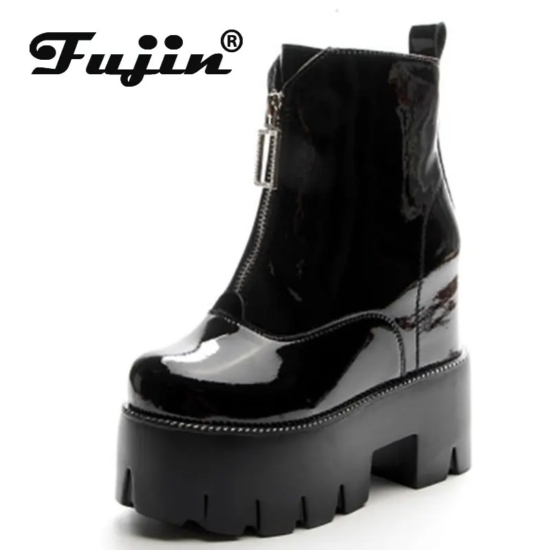 Fujin 12.5cm piattaforma in vera pelle zeppa Hiden tacchi donna stivali Casual primavera autunno più bianco stivaletti in peluche scarpe da moto