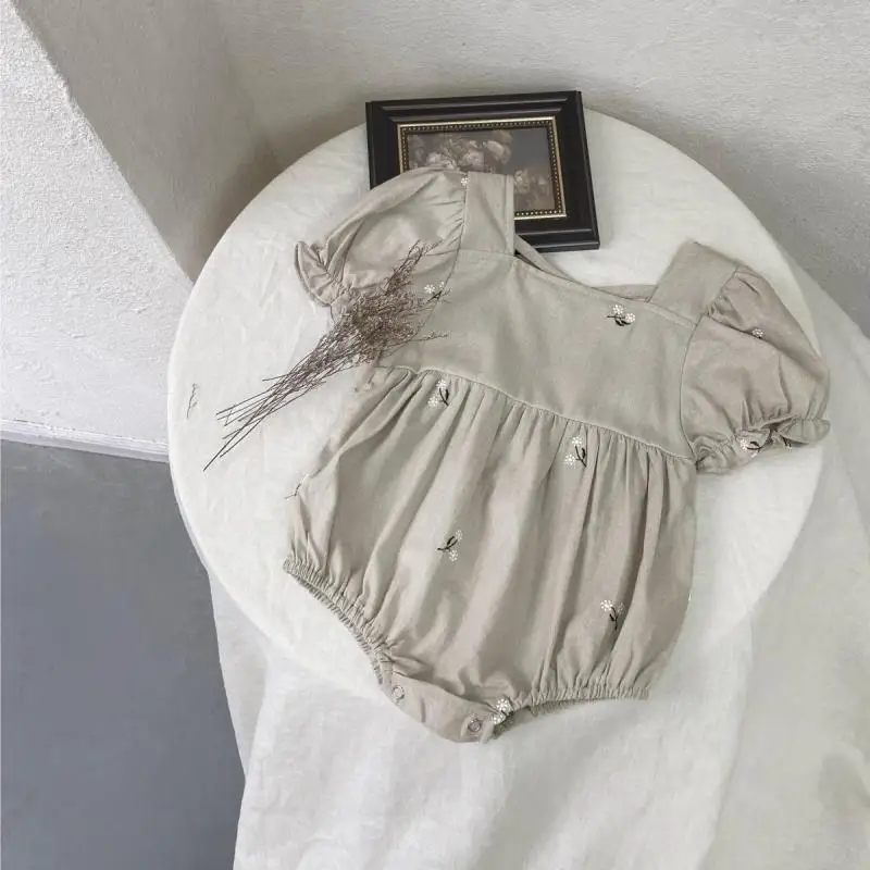 2026 Summer New Baby Girl Short Sleeve Bodysuit Cute Infant Girl Floral Embroidery Jumpsuit Newborn Cotton Clothes 0-24M