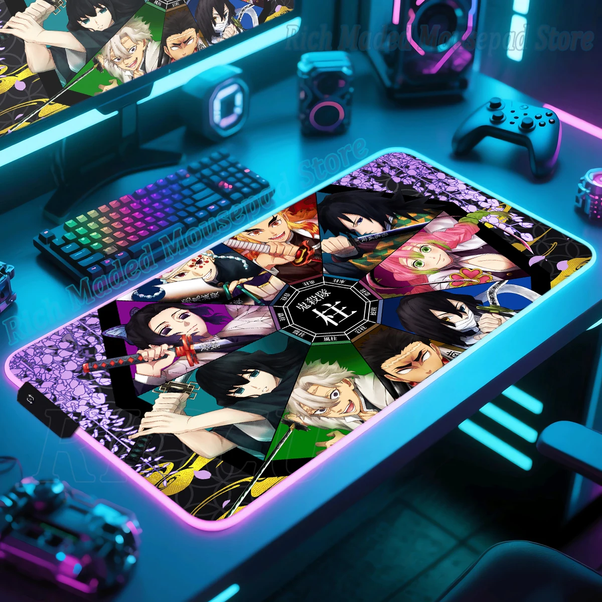 

Anime Demon Slayer RGB Mouse Pad XXL Manga Large LED Lighting Mousepad Colorful Luminou Desk Mat With Backlit Gaming Accessories
