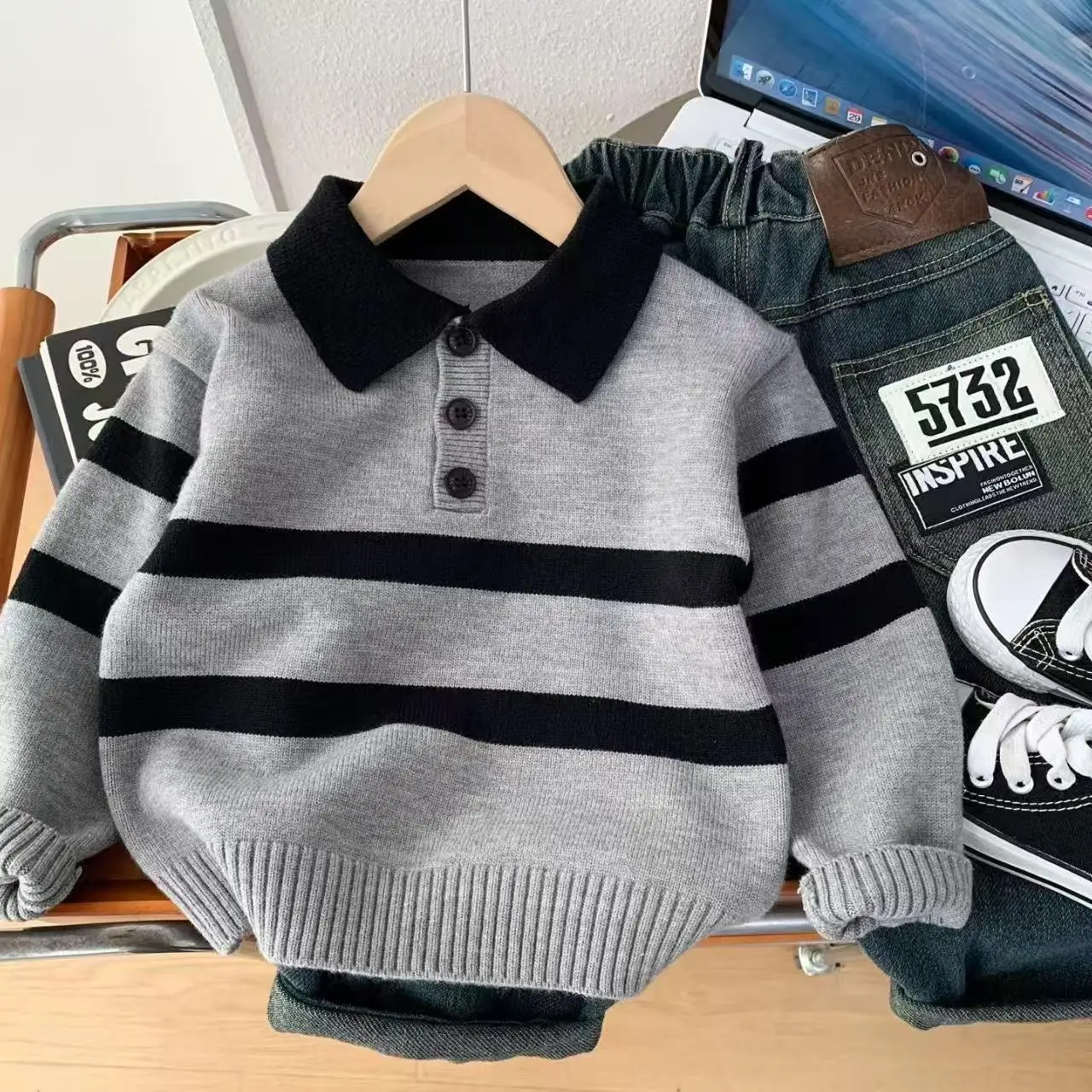 

Children's Sweater Autumn And Winter 2026 New Boys' Top Casual POLO Knitted Shirt Boys' Baby Warm Bottom Shirt Kids Top